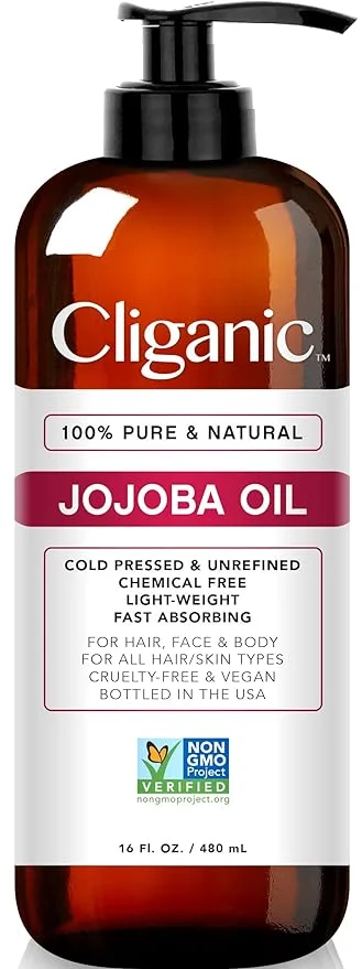 Cliganic Jojoba Oil Non-GMO, Pure, Natural Cold Pressed Unrefined Hexane Free Oil for Hair & Face